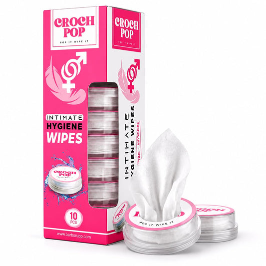 Croch Pop, Feminine Wet Wipes for Women - 10 Count Natural Moisturizer & Biodegradable | pH-Balanced, Skin-Friendly Personal Care | Travel-Size Individually Wrapped Towelette Wipes for Daily Hygiene & Care