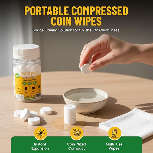 20 PCS Coin Compressed Wipes – Portable Mini Coin Tablets for Travel, Camping, Outdoor, Face and Hand Wipes – Expandable Water-Activated Disposable for Men and Women