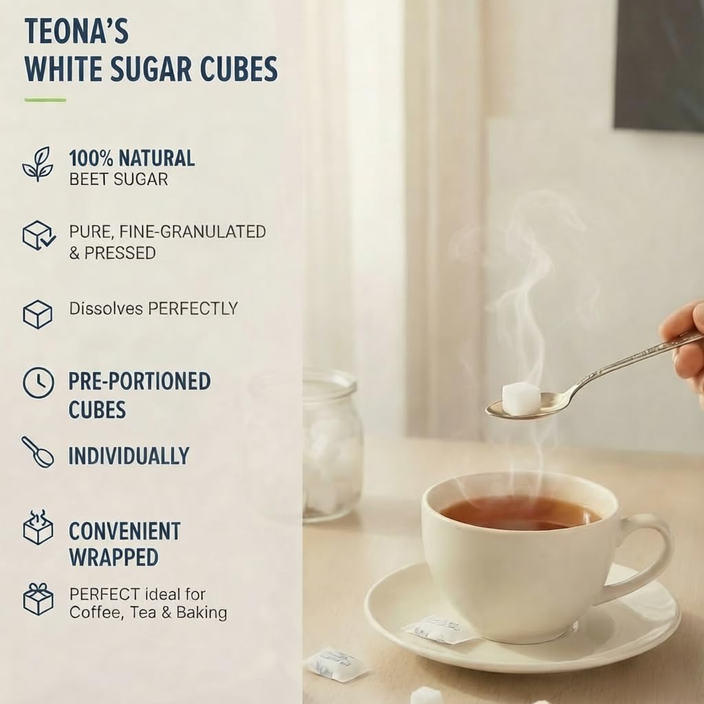 Teona's White Sugar, Individually Wrapped White Sugar Cubes, (152 Cubes) Perfect Sized Sugar Cubes For Tea And Coffee, 1 Pound Box Raw Sugar Cube, Perfect For Entertaining Guest. 100% Beet Root