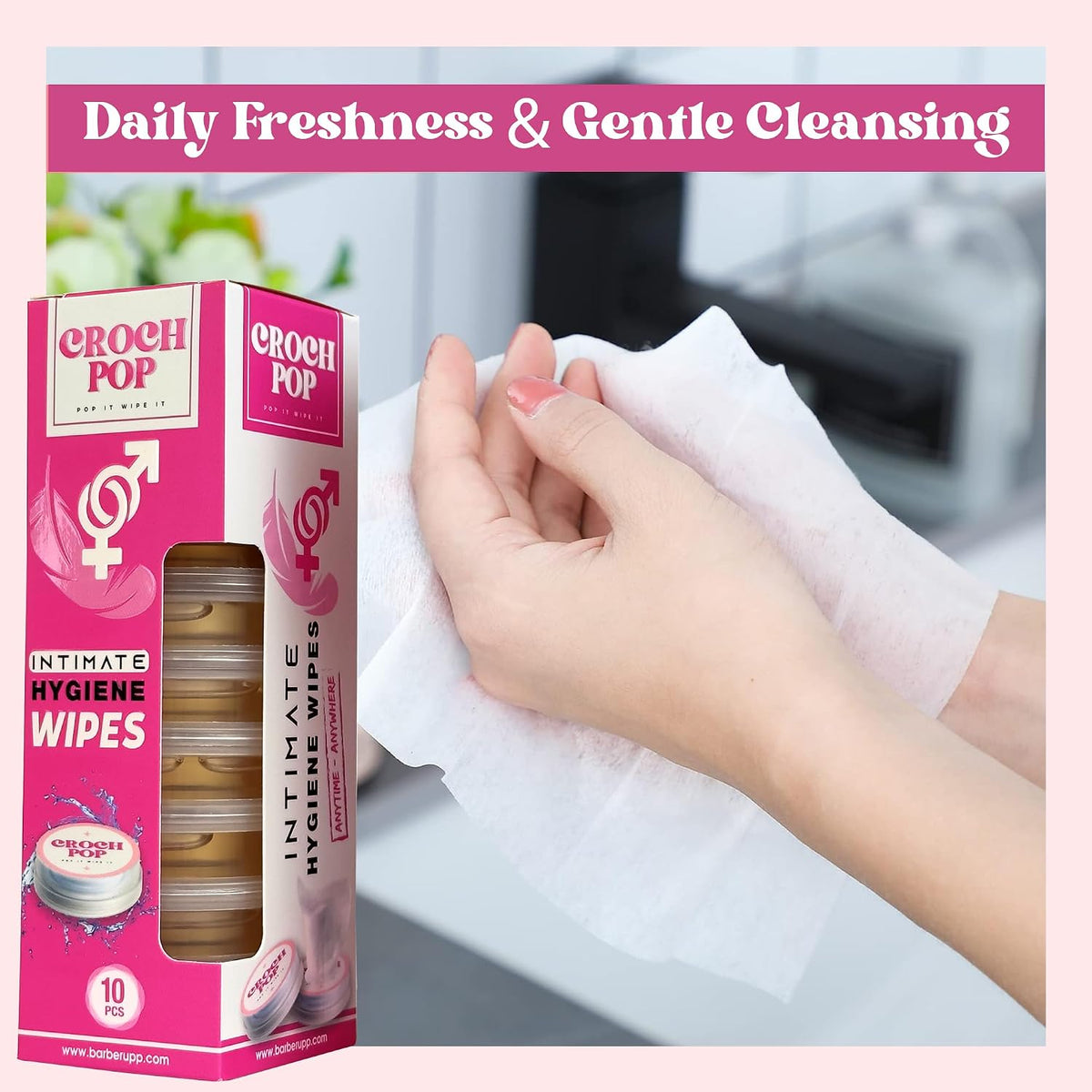 Croch Pop, Feminine Wet Wipes for Women - 10 Count Natural Moisturizer & Biodegradable | pH-Balanced, Skin-Friendly Personal Care | Travel-Size Individually Wrapped Towelette Wipes for Daily Hygiene & Care
