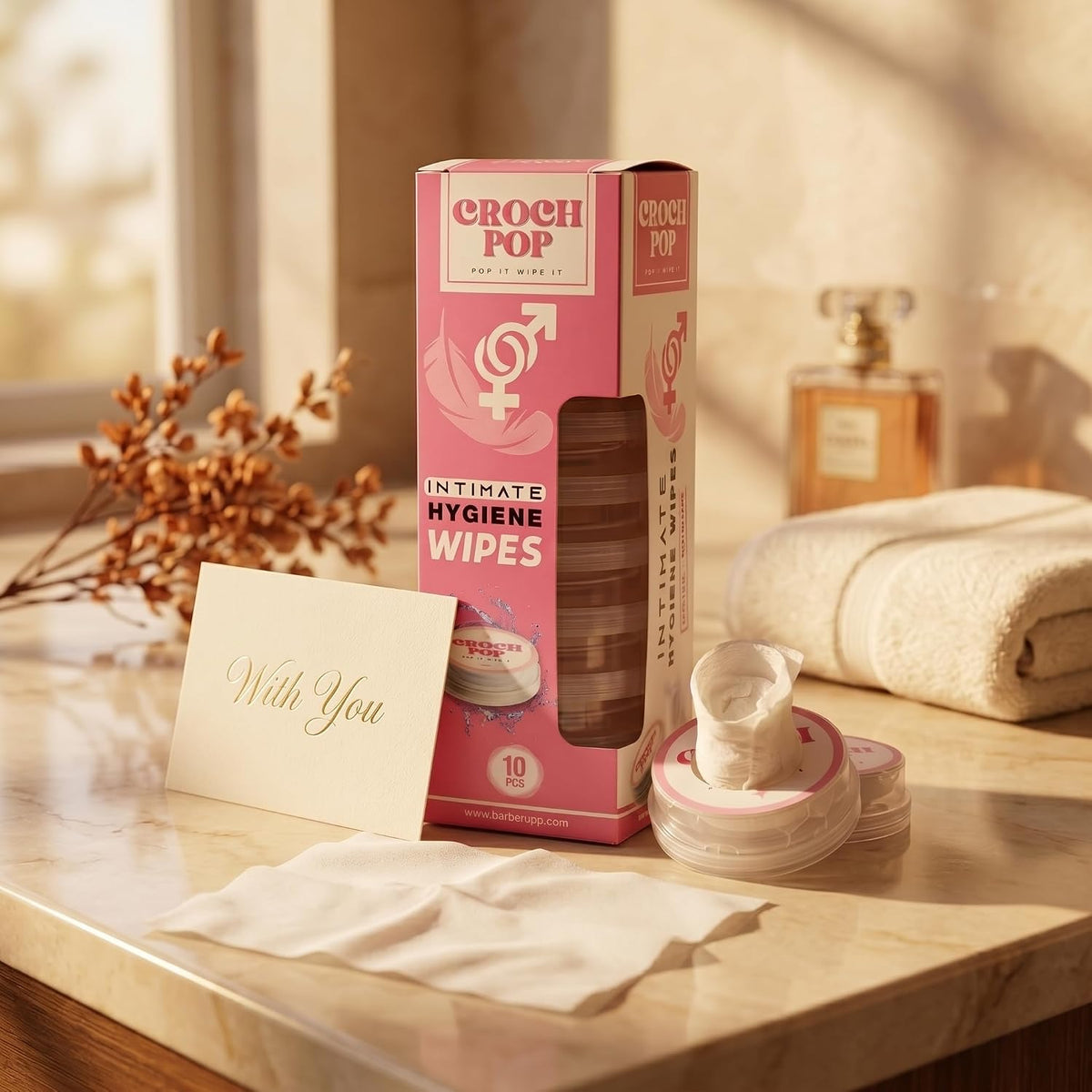 Croch Pop, Feminine Wet Wipes for Women - 10 Count Natural Moisturizer & Biodegradable | pH-Balanced, Skin-Friendly Personal Care | Travel-Size Individually Wrapped Towelette Wipes for Daily Hygiene & Care